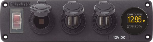 Blue Sea Water-Resistant 12V 15A Circuit Accessory Panel Socket, 2-Dual USB, Volt Meter Online now